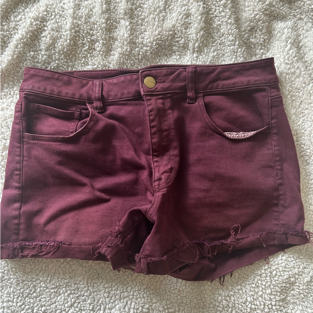 American Eagle Outfitters Burgundy Jean Shorts Frayed Hem